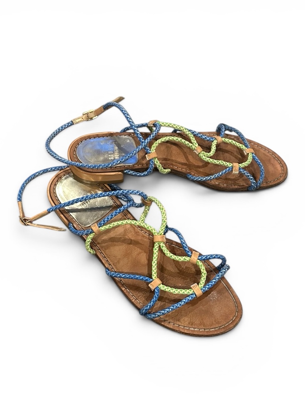 Stuart Weitzman Cordy Blue Green Bohemian Coastal Chic Beachy Leather Sandals 8
